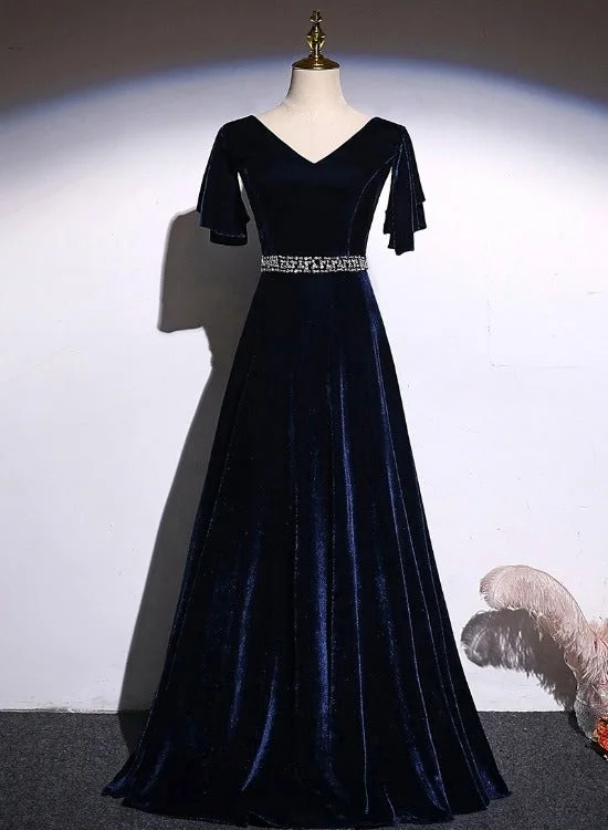 Navy Blue Velvet A-line long Beaded Elegant Party Dress, Simple Velvet Formal Dresses Tunics Velvet soft