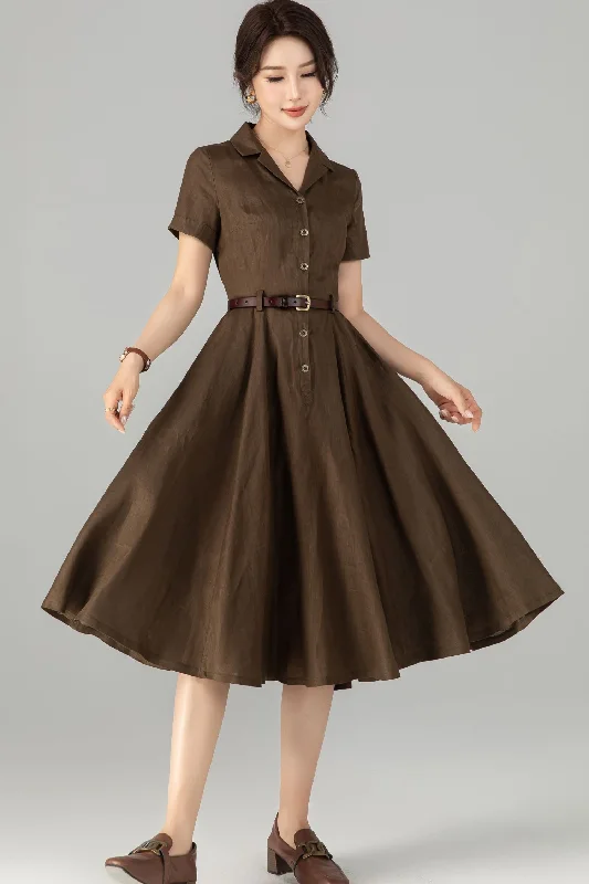 Elegant Brown Button-Up Linen Dress 5711 Tunics Designer luxury