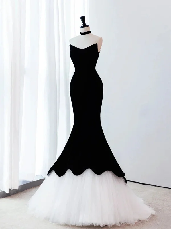 Black Velvet and White Tulle Mermaid Strapless Party Dress, Black Formal Dress Evening Dress Tunics Versatile stylish Black Velvet and White Tulle Mermaid Strapless Party Dress, Black Formal Dress Evening Dress Tunics Versatile stylish