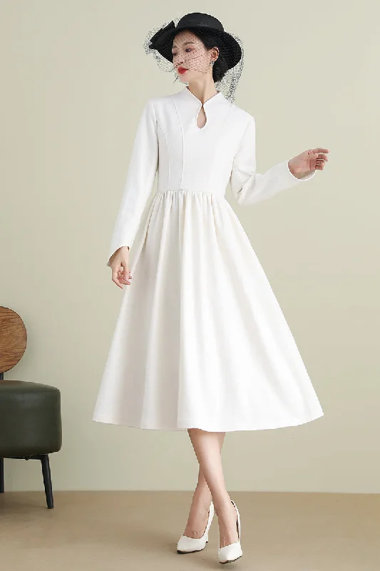 White A-Line Midi Wool Dress 3902 Tunics Trendy modern