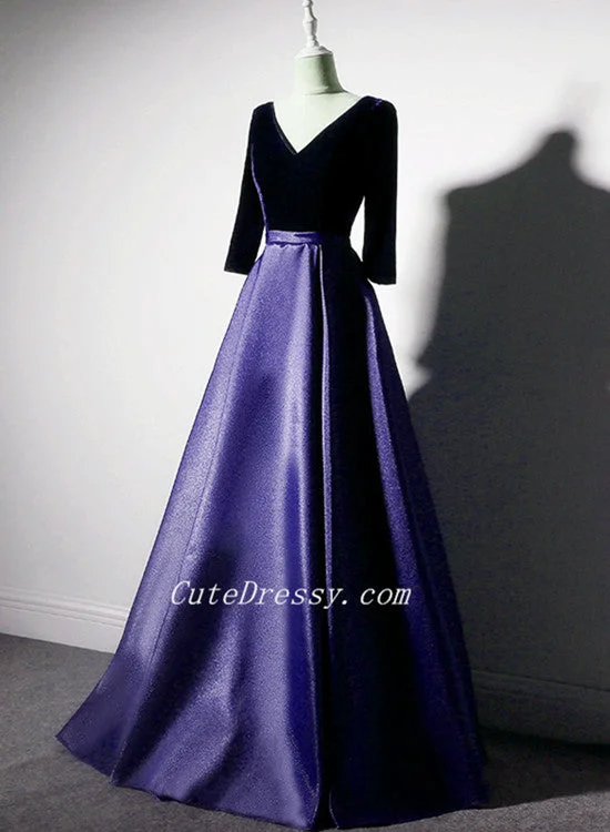 Purple Satin with Velvet Long Party Dress Formal Dress, Purple Evening Dresses Turtleneck Neckline Stylish Purple Satin with Velvet Long Party Dress Formal Dress, Purple Evening Dresses Turtleneck Neckline Stylish