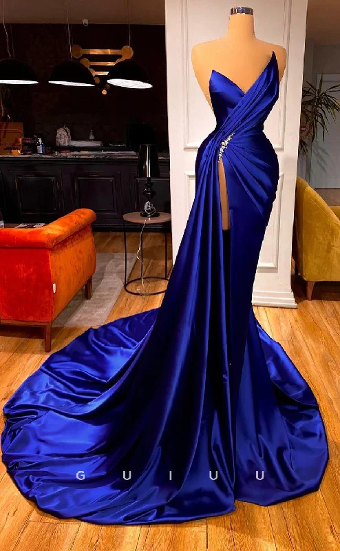 G2612 - Chic & Modern Satin Asymmetrical Strapless Ruched Prom Evening Party Dress With Train Tunics Wedding white G2612 - Chic & Modern Satin Asymmetrical Strapless Ruched Prom Evening Party Dress With Train Tunics Wedding white