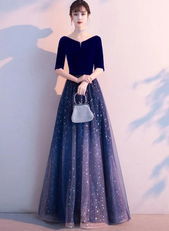 Navy Blue Velvet Short Sleeves with Shiny Tulle Long Party Dress, Blue Bridesmaid Dress Prom Dress Tunics Yoga stretchy Navy Blue Velvet Short Sleeves with Shiny Tulle Long Party Dress, Blue Bridesmaid Dress Prom Dress Tunics Yoga stretchy