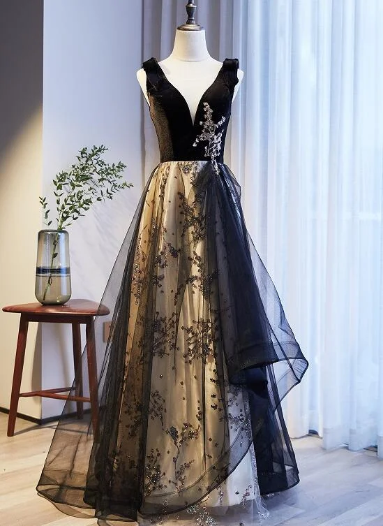 Black V-neckline Velvet and Tulle New Style Prom Dress, Black Party Dress Evening Dresss Tunics Leisure comfortable Black V-neckline Velvet and Tulle New Style Prom Dress, Black Party Dress Evening Dresss Tunics Leisure comfortable