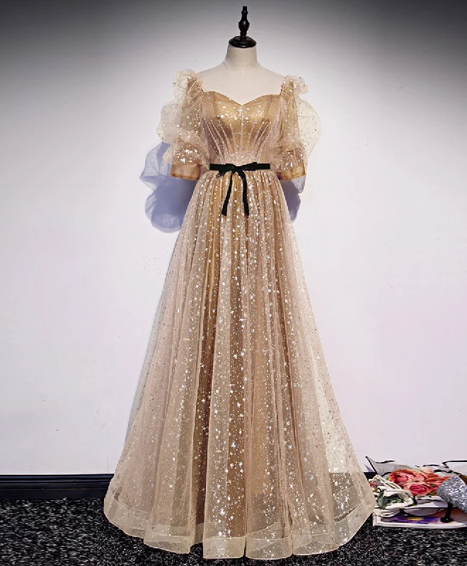Gold Tulle Long Prom Dress, A line Gold Formal Graduation Party Dress Tunics Lace romantic Gold Tulle Long Prom Dress, A line Gold Formal Graduation Party Dress Tunics Lace romantic