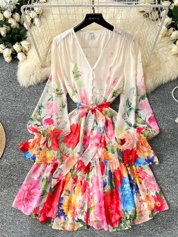 V-Neck Ruffled Sleeves Floral Printed Chiffon Dress Tunics Chic fashionable