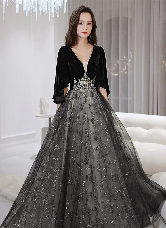 Black Velvet and Tulle Long Lace Party Dress, Black A-line Formal Dress Bodycon Fitted Nightout Black Velvet and Tulle Long Lace Party Dress, Black A-line Formal Dress Bodycon Fitted Nightout