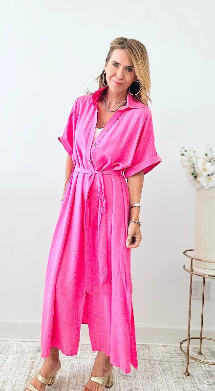 Button-Up Belted Dress - Pink Bodycon Club Sequined