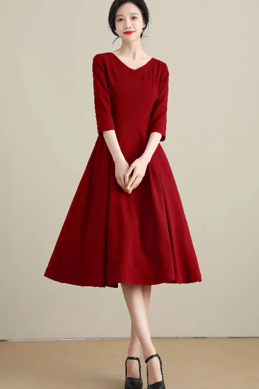 1950s Red V Neck Pleated Swing Dress 3270 Tunics Fleece cozy