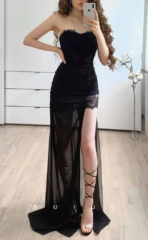 G2621 - Sexy & Fitted Strapless Lace Sheer Long Prom Evening Party Dress With Slit Tunics Gym athletic G2621 - Sexy & Fitted Strapless Lace Sheer Long Prom Evening Party Dress With Slit Tunics Gym athletic