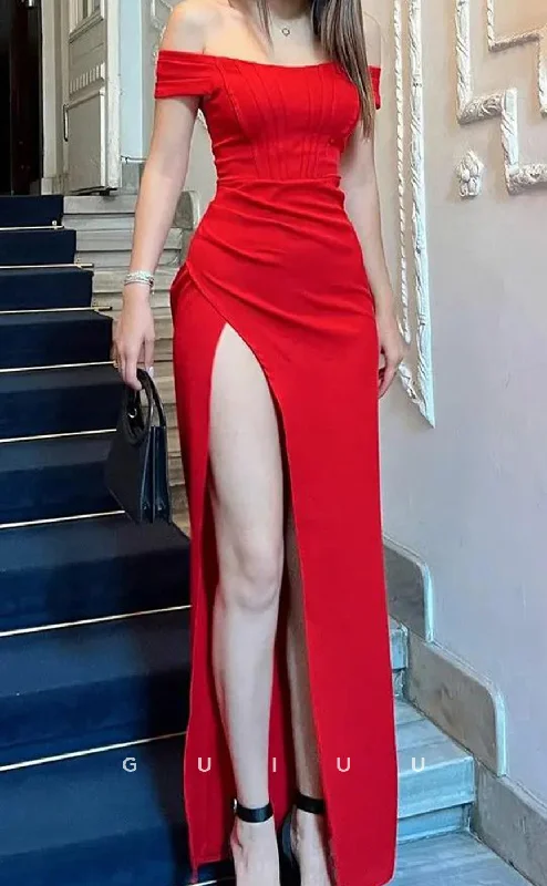 G3325 - Chic & Modern Off Shoulder Sheath Floor-Length with Side Slit Stretch Satin Formal Evening Party Dress Tunics New arrival G3325 - Chic & Modern Off Shoulder Sheath Floor-Length with Side Slit Stretch Satin Formal Evening Party Dress Tunics New arrival