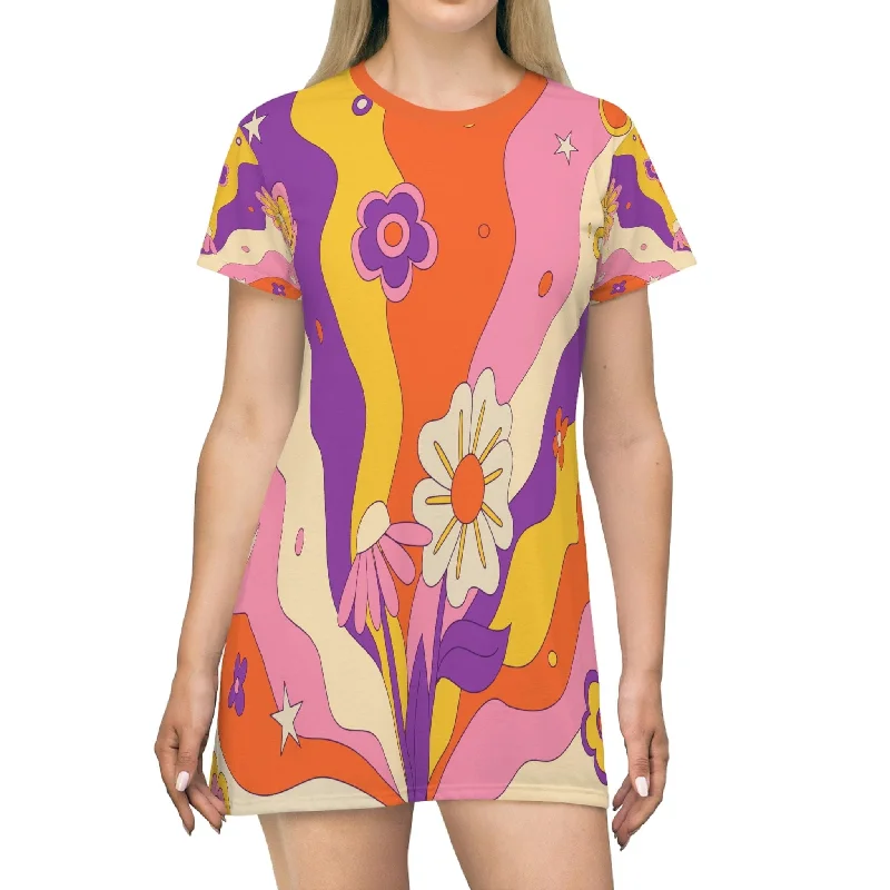 Retro 60s, 70s Groovy Hippie Flower Power Boho Party Dress in Mid Century Modern Beige, Burnt Orange, Mustard Yellow, Purple, Pink Tunics Versatile stylish Retro 60s, 70s Groovy Hippie Flower Power Boho Party Dress in Mid Century Modern Beige, Burnt Orange, Mustard Yellow, Purple, Pink Tunics Versatile stylish