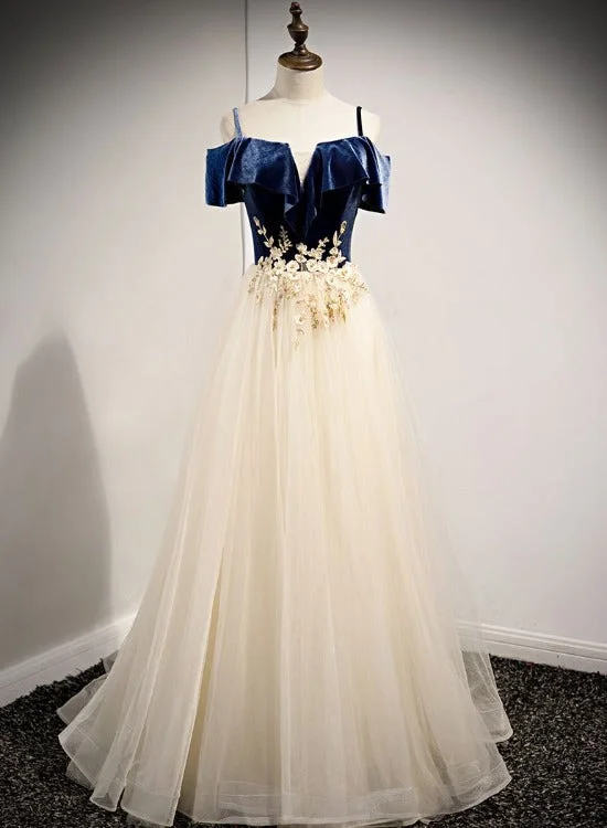 Light Champagne Tulle with Blue Velvet Long Party Dress Formal Dress, A-line Prom Dress 2022 Tunics Distressed trendy Light Champagne Tulle with Blue Velvet Long Party Dress Formal Dress, A-line Prom Dress 2022 Tunics Distressed trendy