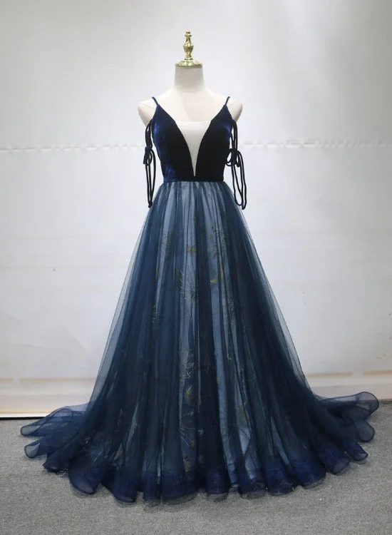 Navy Blue Velvet and Tulle Long Prom Dress Party Dress, Navy Blue Evening Dress 2022 Square Neckline Feminine Navy Blue Velvet and Tulle Long Prom Dress Party Dress, Navy Blue Evening Dress 2022 Square Neckline Feminine