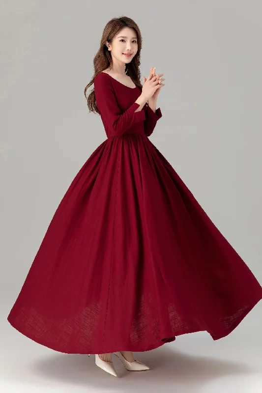 Burgundy prom high waisted spring linen dress 4924 Elegant Long Evening