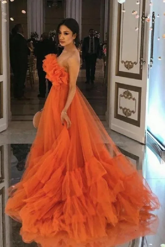 Orange Ruffles Tulle Evening Party Dresses Strapless Tiered Long Prom Dresses KS7942 A-Line Day Work Orange Ruffles Tulle Evening Party Dresses Strapless Tiered Long Prom Dresses KS7942 A-Line Day Work