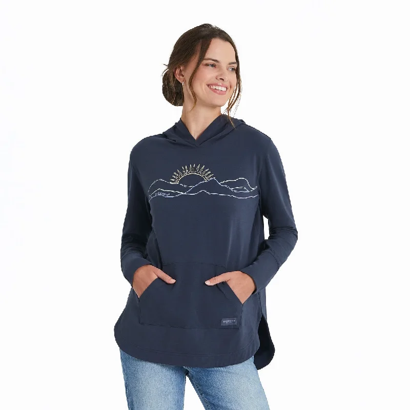Life is Good Women's Freehand Mountain Sun Crusher-FLEX Hoodie Tunic, Inkwell Blue Hoodie with Neon Bright Vibrant Life is Good Women's Freehand Mountain Sun Crusher-FLEX Hoodie Tunic, Inkwell Blue Hoodie with Neon Bright Vibrant