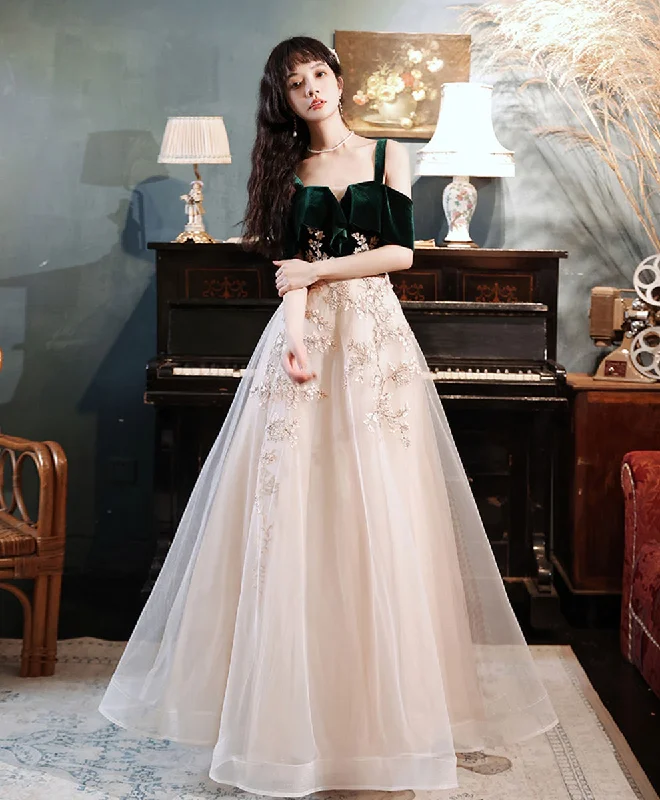A line Green Tulle Lace Long Prom Dress, Green Formal Evening Party Dress Tunics Velvet soft A line Green Tulle Lace Long Prom Dress, Green Formal Evening Party Dress Tunics Velvet soft