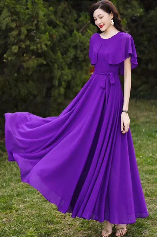 purple summer chiffon dress with cape 4447 Off-the-shoulder Chic Trendy