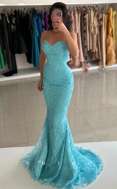 G4291 - Mermaid Strapless Sleeveless Fully Sequined Beaded Long Prom Party Dress Turtleneck Warm Winter