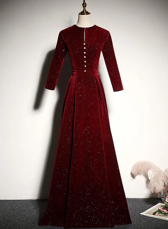 New Style Wine Red Velvet Long Sleeves Prom Dress, A-line Floor Length Party Dress Tunics Occasion special New Style Wine Red Velvet Long Sleeves Prom Dress, A-line Floor Length Party Dress Tunics Occasion special