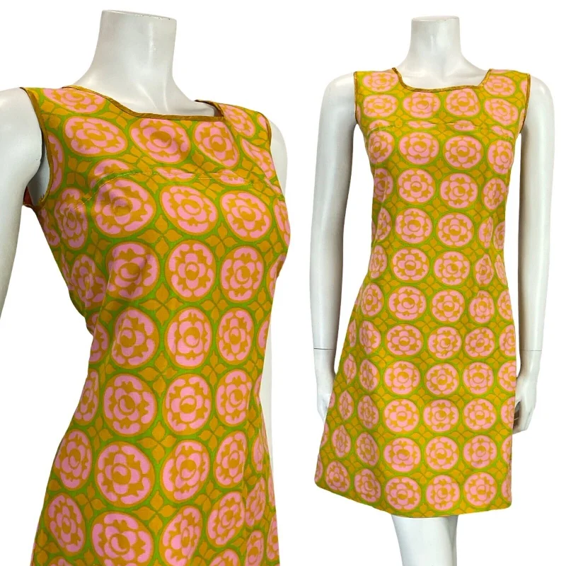 VTG 60S VIBRANT GEOMETRIC PSYCHEDELIC YELLOW GREEN PINK YOLK SHIFT DRESS 8 10 Bodycon Club Sequined VTG 60S VIBRANT GEOMETRIC PSYCHEDELIC YELLOW GREEN PINK YOLK SHIFT DRESS 8 10 Bodycon Club Sequined