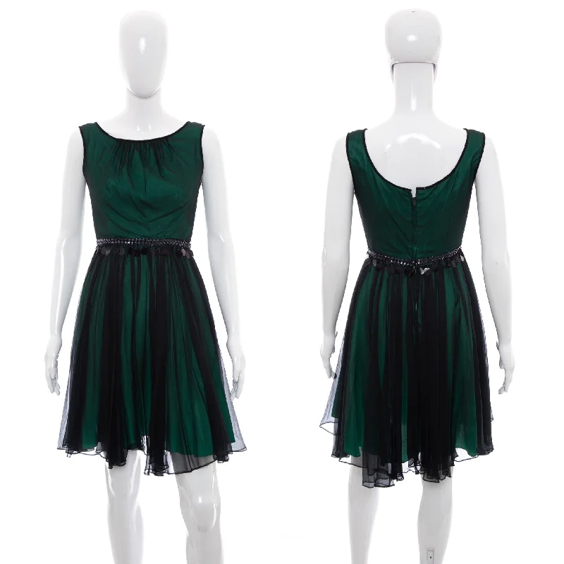 1960's Green and Black Chiffon Party Dress Size XS Tunics Chic elegant