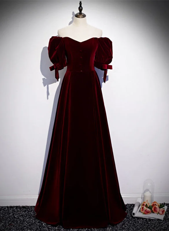 Wine Red Velvet Short Sleeves Long Party Dress, Wine Red Evening Prom Dress Shift Classic Vintage Wine Red Velvet Short Sleeves Long Party Dress, Wine Red Evening Prom Dress Shift Classic Vintage