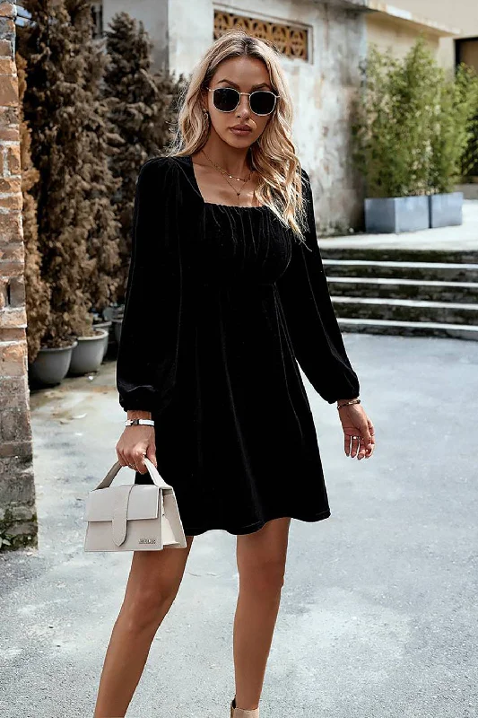 Black Velvet A line Holiday Party Dress with Pleated Tunics Office stylish