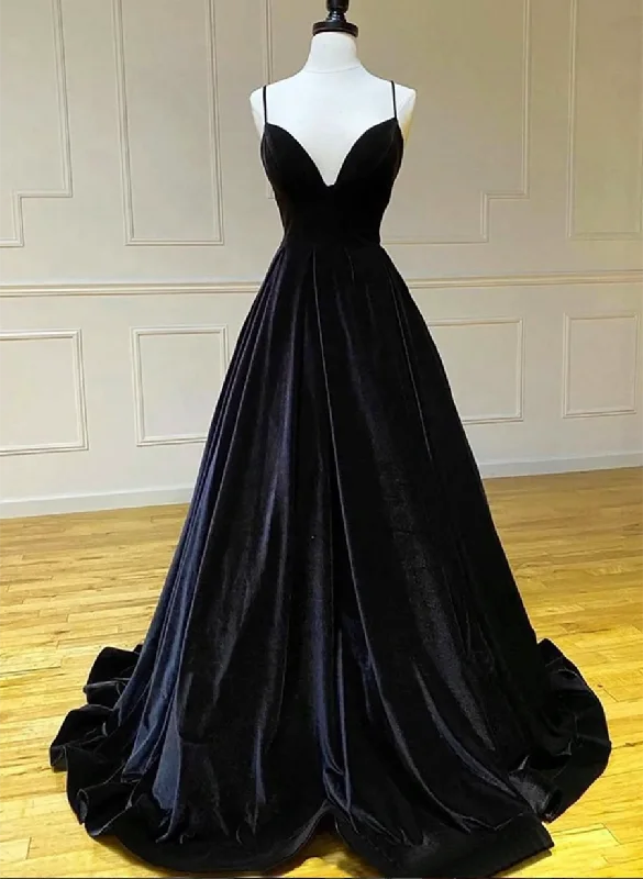 Black Velvet Straps V-neckline Long Party Dress, A-line Velvet Prom Dress Off-the-shoulder Bohemian Festive Black Velvet Straps V-neckline Long Party Dress, A-line Velvet Prom Dress Off-the-shoulder Bohemian Festive