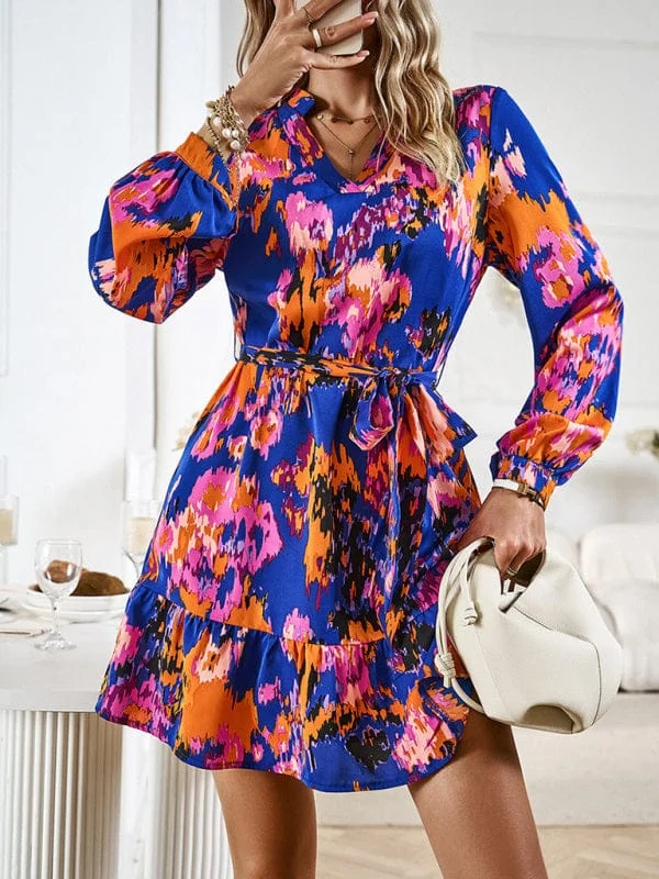 Temperament and elegant V-neck printed waist dress with belt Shift Classic Vintage