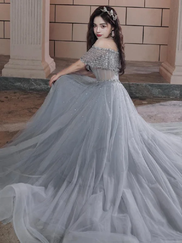 Beautiful Beaded Off Shoulder Tulle Prom Dress, A-line Grey Evening Dress Party Dress KS3820 Cowl Neckline Elegant