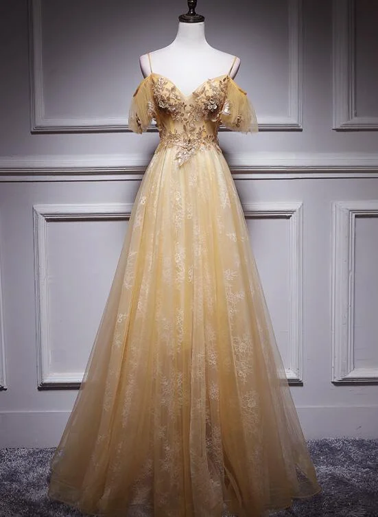 Light Champagne Lace Straps Sweetheart Long Party Dress, A-line Floor Length Prom Dress KS4890 Square Neckline Feminine