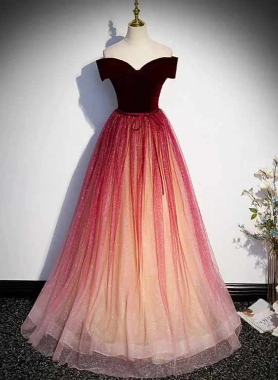 Beautiful Red Gradient Off Shoulder Velvet Long Party Dress Formal Dress, Tulle Junior Prom Dresses Tunics Floral girly Beautiful Red Gradient Off Shoulder Velvet Long Party Dress Formal Dress, Tulle Junior Prom Dresses Tunics Floral girly