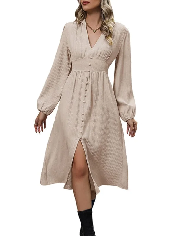 New elegant solid color long sleeve slit dress Tunics Winter warm