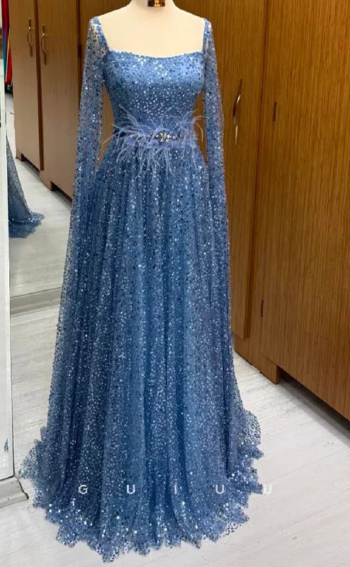 G4371 - A-Line Square Neck Long Sleeves Fully Sequined Long Prom Party Dress with Feather Boat Neckline Classic G4371 - A-Line Square Neck Long Sleeves Fully Sequined Long Prom Party Dress with Feather Boat Neckline Classic