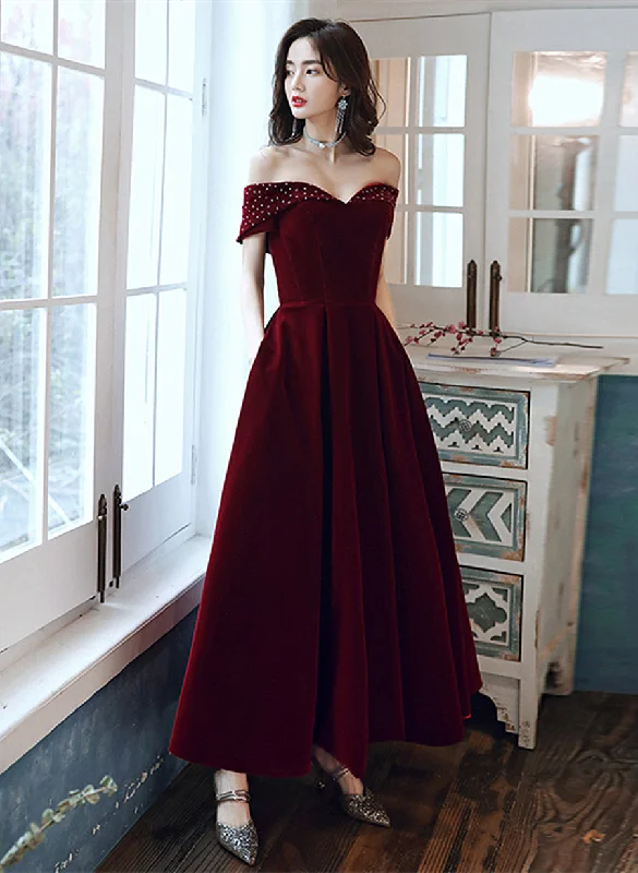 Burgundy Velvet Off Shoulder Long Wedding Party Dress, Burgundy Prom Dress Peplum Ruffle Cocktail Burgundy Velvet Off Shoulder Long Wedding Party Dress, Burgundy Prom Dress Peplum Ruffle Cocktail