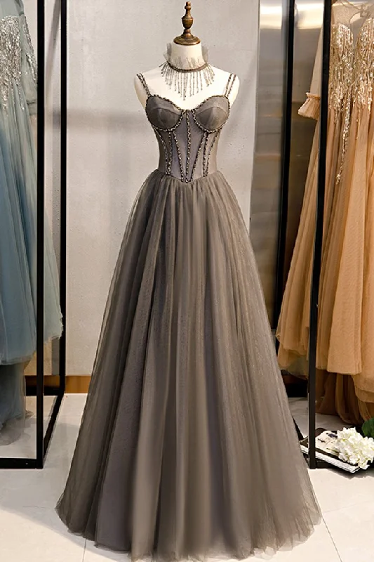 Grey Tulle Long Banquet Party Dress Sweetheart A Line Custom Size Prom Dress KS6525 Halter Neckline Beach Grey Tulle Long Banquet Party Dress Sweetheart A Line Custom Size Prom Dress KS6525 Halter Neckline Beach