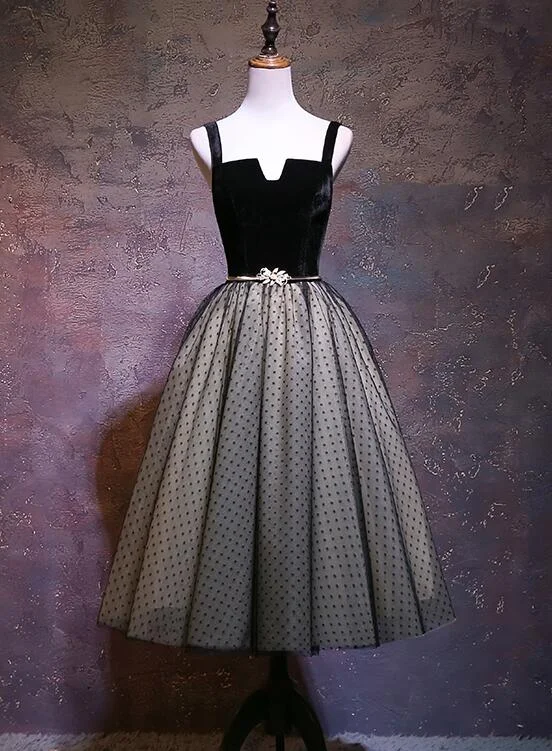 Cute Black Tea Length Tulle with Velvet Straps Party Dress, A-line Tulle Homecoming Dress Tunics Spring floral Cute Black Tea Length Tulle with Velvet Straps Party Dress, A-line Tulle Homecoming Dress Tunics Spring floral