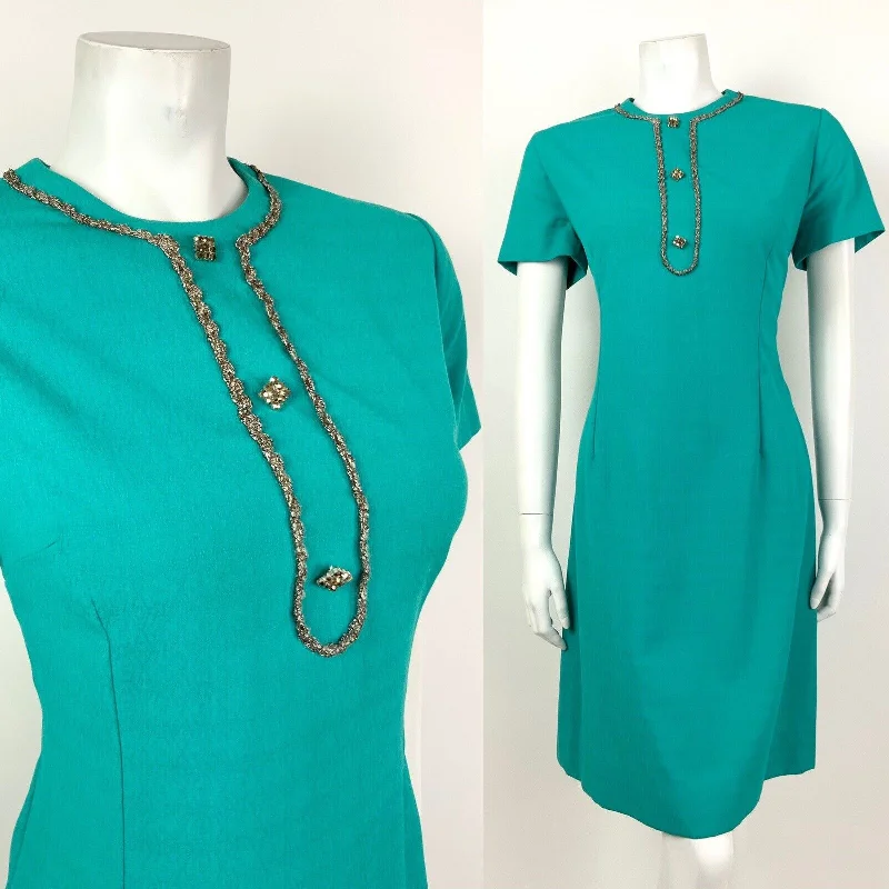 VTG 60s 70s GREEN TEAL BRONZE SILVER DIAMANTE BIRDS-EYE MOD DRESS 14 16 Tunics Review highly VTG 60s 70s GREEN TEAL BRONZE SILVER DIAMANTE BIRDS-EYE MOD DRESS 14 16 Tunics Review highly
