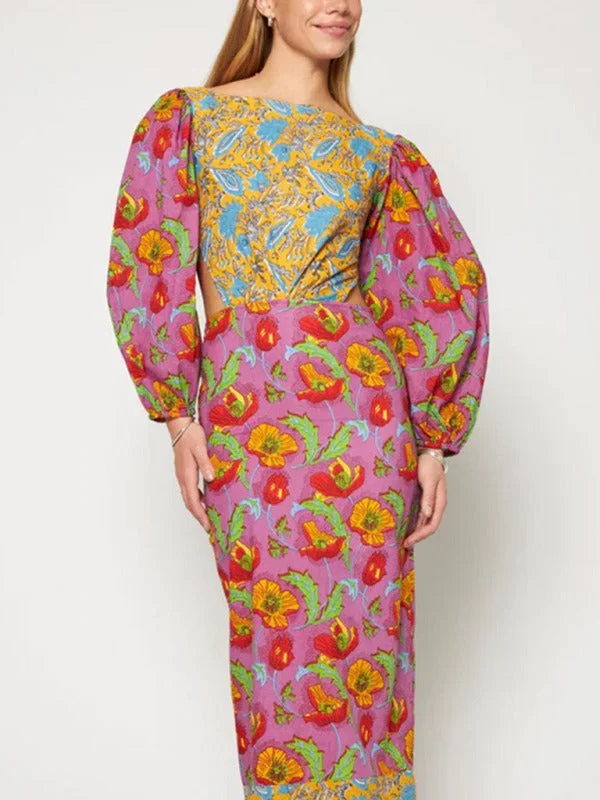 Floral contrast lantern sleeve backless dress Tunics Yoga stretchy
