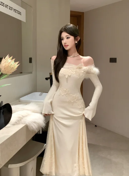 Elegant Off - Shoulder Long White Lace Evening Dress Floral Print girly
