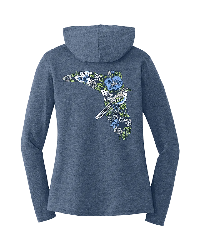 LADIES V-NECK HOODIE - FLORAL - NAVY FROST Hoodie with Distressed Vintage Worn