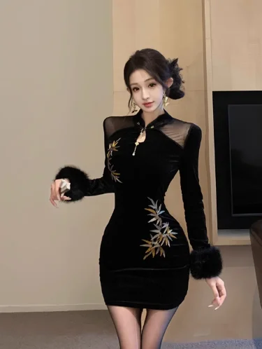 Printed stitching slim velvet dress Tunics Recommended stylist