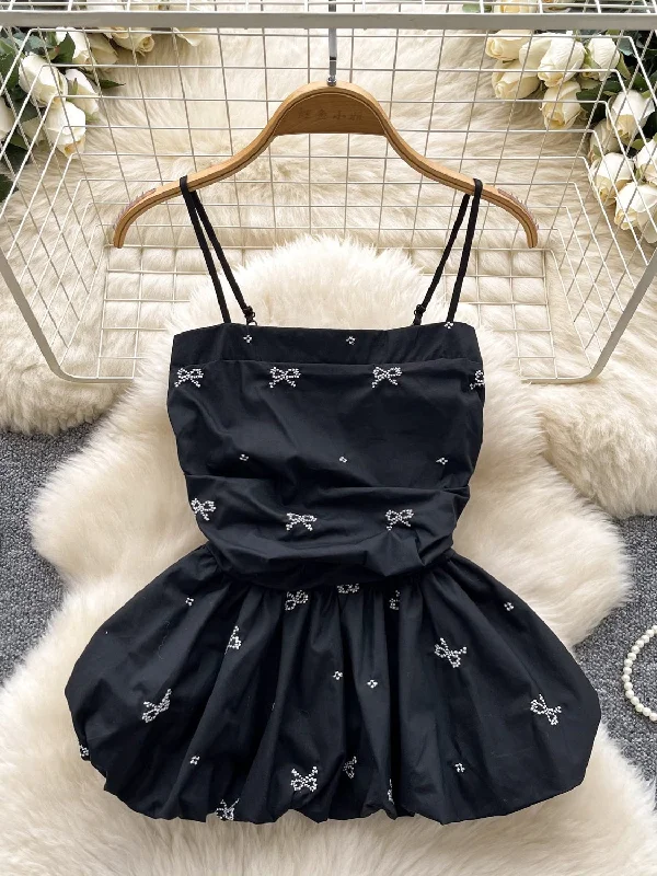 Delicate White Bows Flared Mini Black Dress Turtleneck Warm Winter