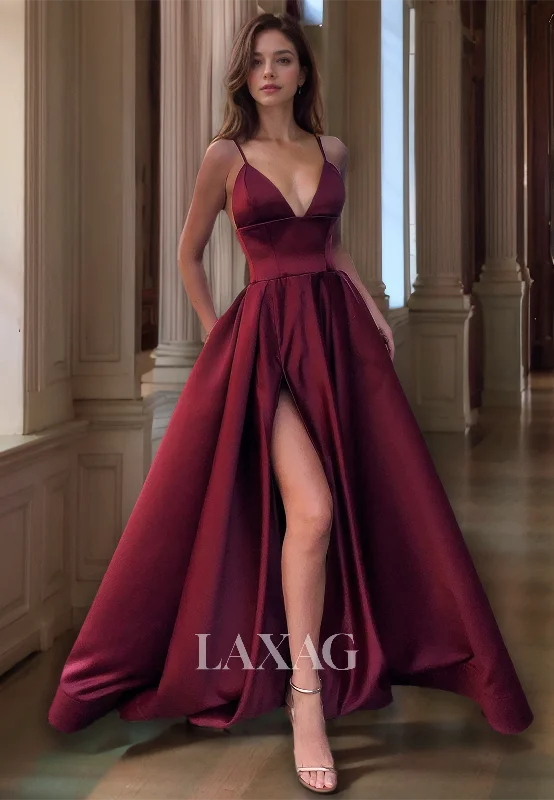 V-Neck Simple Elegant Long Formal Prom Dress Spaghetti Straps A-Line Party Dress with Pockets Tunics Winter warm V-Neck Simple Elegant Long Formal Prom Dress Spaghetti Straps A-Line Party Dress with Pockets Tunics Winter warm