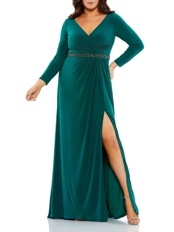 Plus Womens Beaded Long Evening Dress Turtleneck Neckline Stylish
