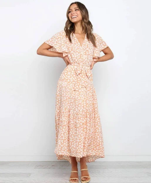 New Summer Boho Printed Long Dress Women V Neck Holiday Beach Dresse Tunics Luxurious high-end