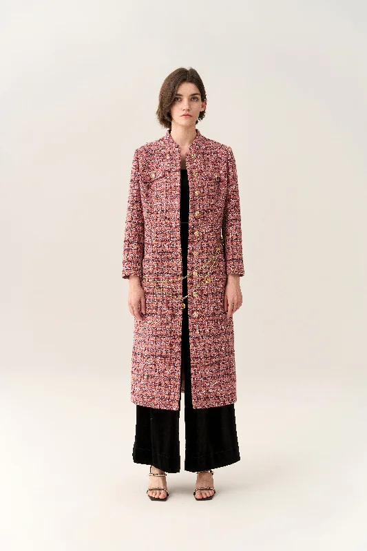 Charm-detail Chain Belt Stand Collar Tweed Dress Tunics Trendy modern