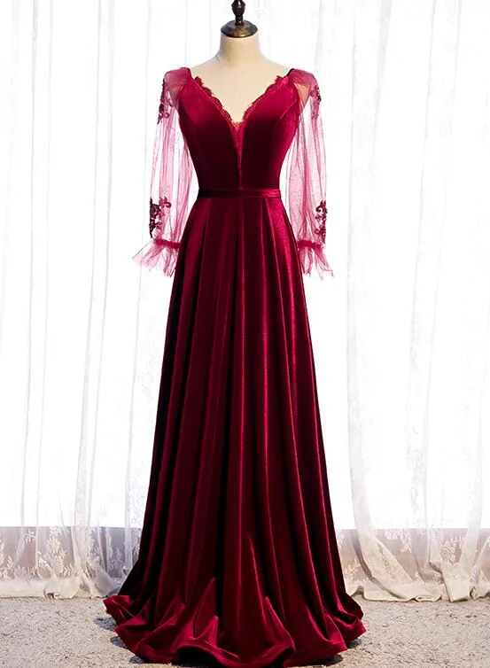 Wine Red Velvet Long Party Dress Prom Dress, A-line Long Sleeves Formal Dresses Tunics Seasonal trendy Wine Red Velvet Long Party Dress Prom Dress, A-line Long Sleeves Formal Dresses Tunics Seasonal trendy